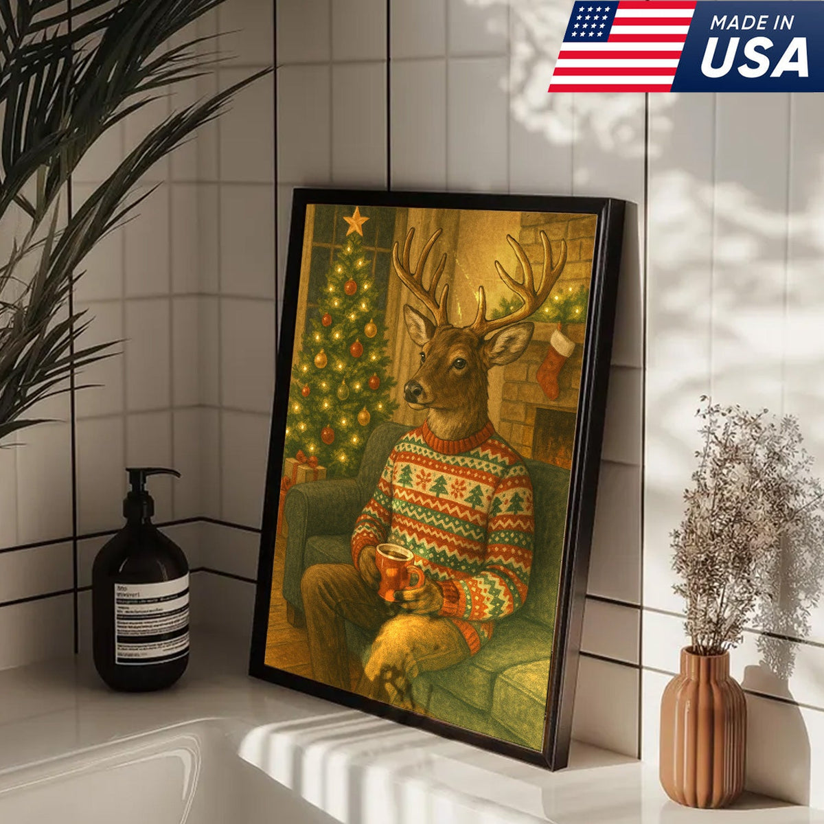 Cozy Christmas Deer Canvas Wall Art Print – Holiday Reindeer With Hot Cocoa