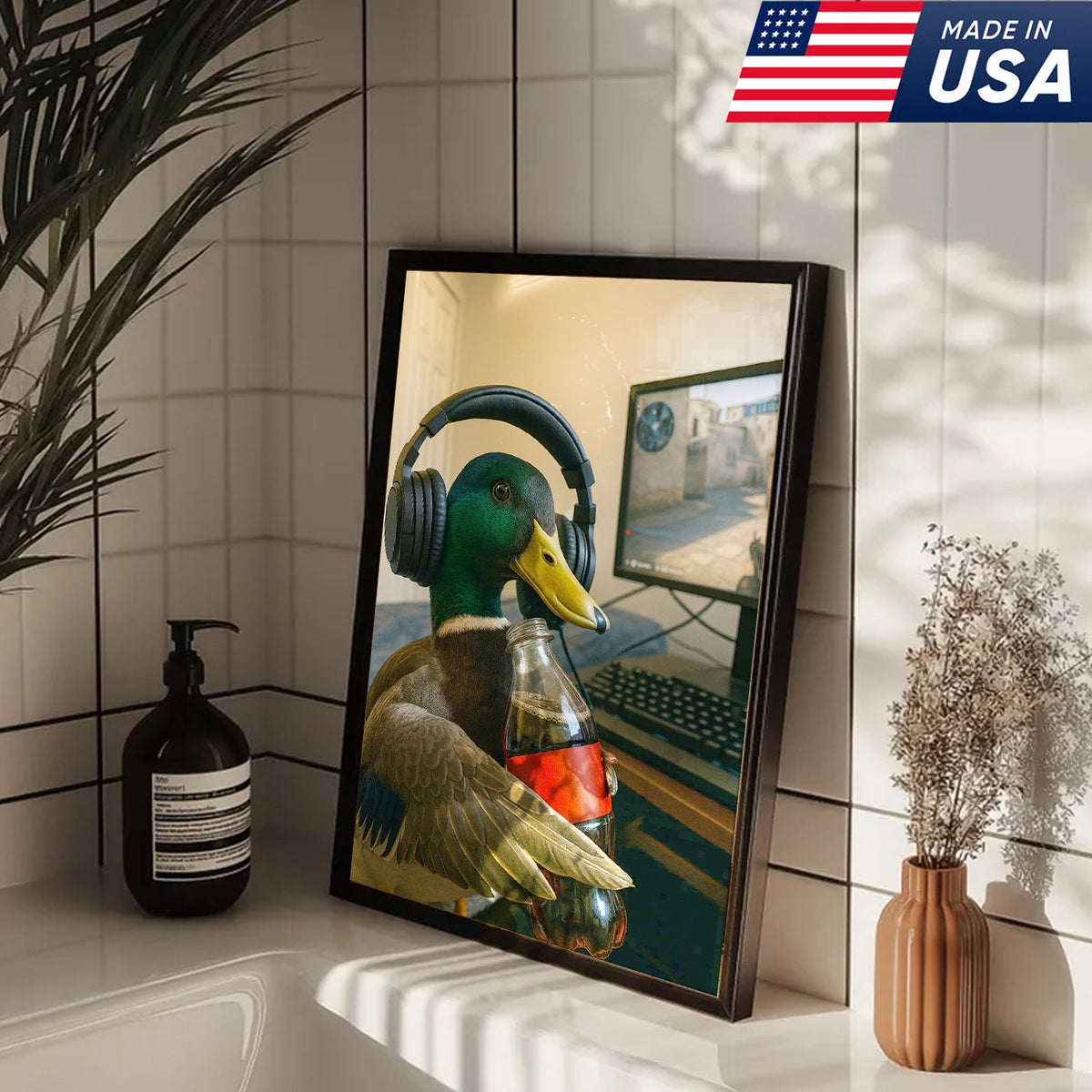 Funny Gamer Duck Canvas Wall Art, Mallard With Headphones and Soda