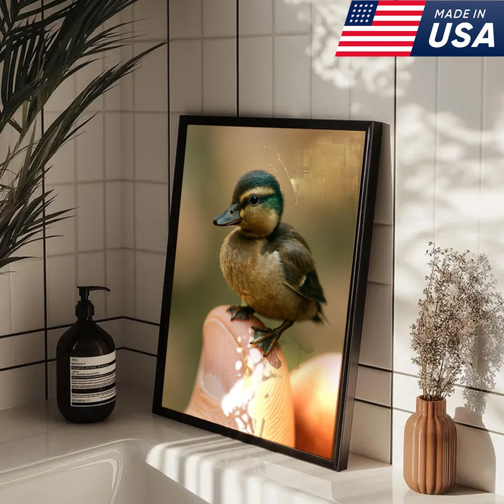 Cute Baby Duck Canvas Wall Art - Adorable Duckling Perched on Finger