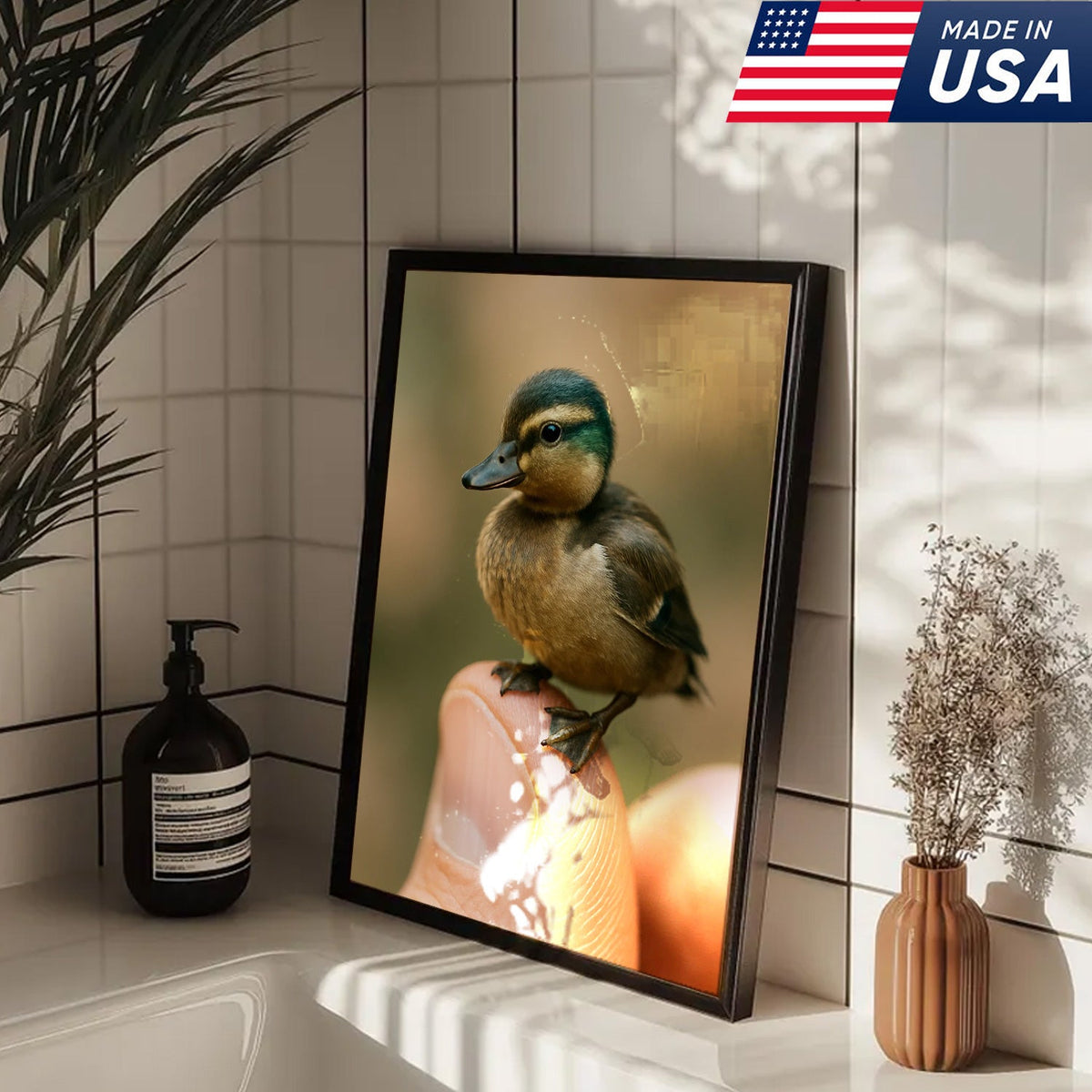 Cute Baby Duck Canvas Wall Art - Adorable Duckling Perched on Finger