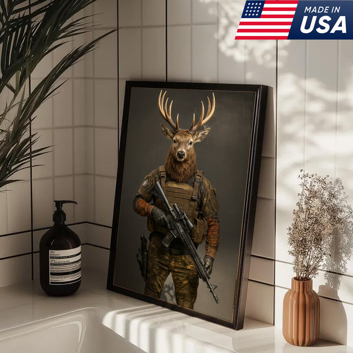 Tactical Deer Soldier Wall Art Canvas – Military Buck Canvas Print for Man Cave & Hunter Decor