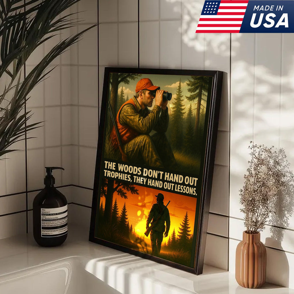 Inspirational Hunting Canvas Wall Art – Hunter in Forest with Rifle & Quote “The Woods Don’t Hand Out Trophies, They Hand Out Lessons”