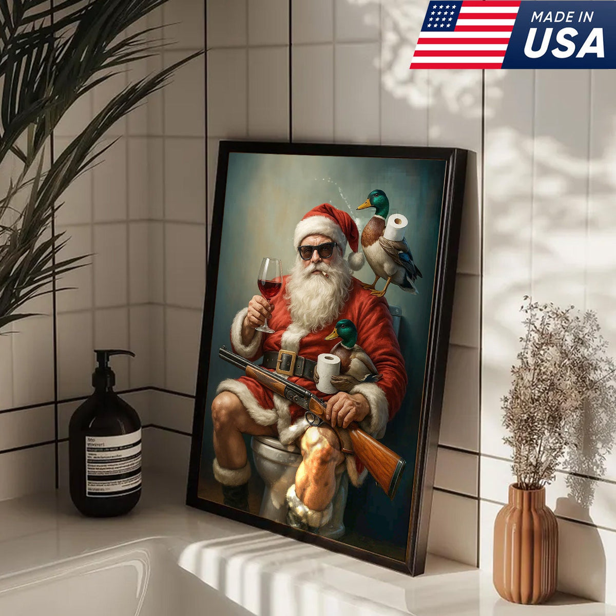 Santa Duck Hunting Christmas Canvas – Funny Holiday Wall Art for Rustic Cabin Bathroom Decor