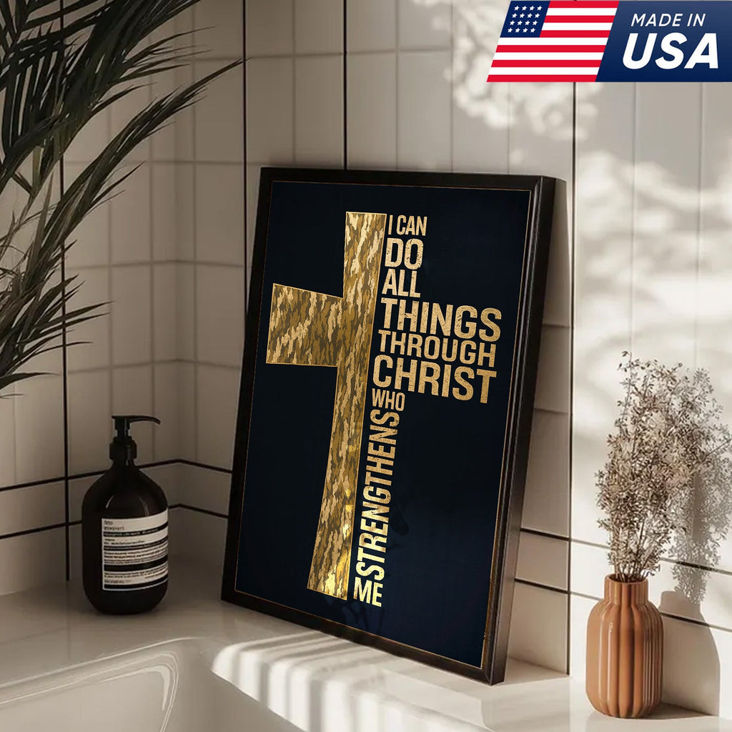 Camo Cross Christian Canvas Wall Art, Philippians 413 I Can Do All Things Through Christ Verse