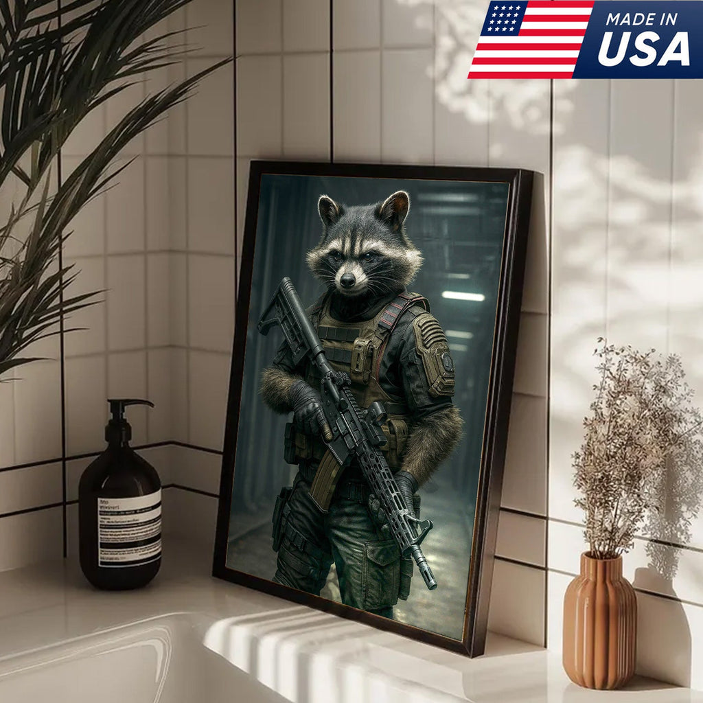 Tactical Raccoon Canvas Art – Elite Armored Trash Panda Warrior