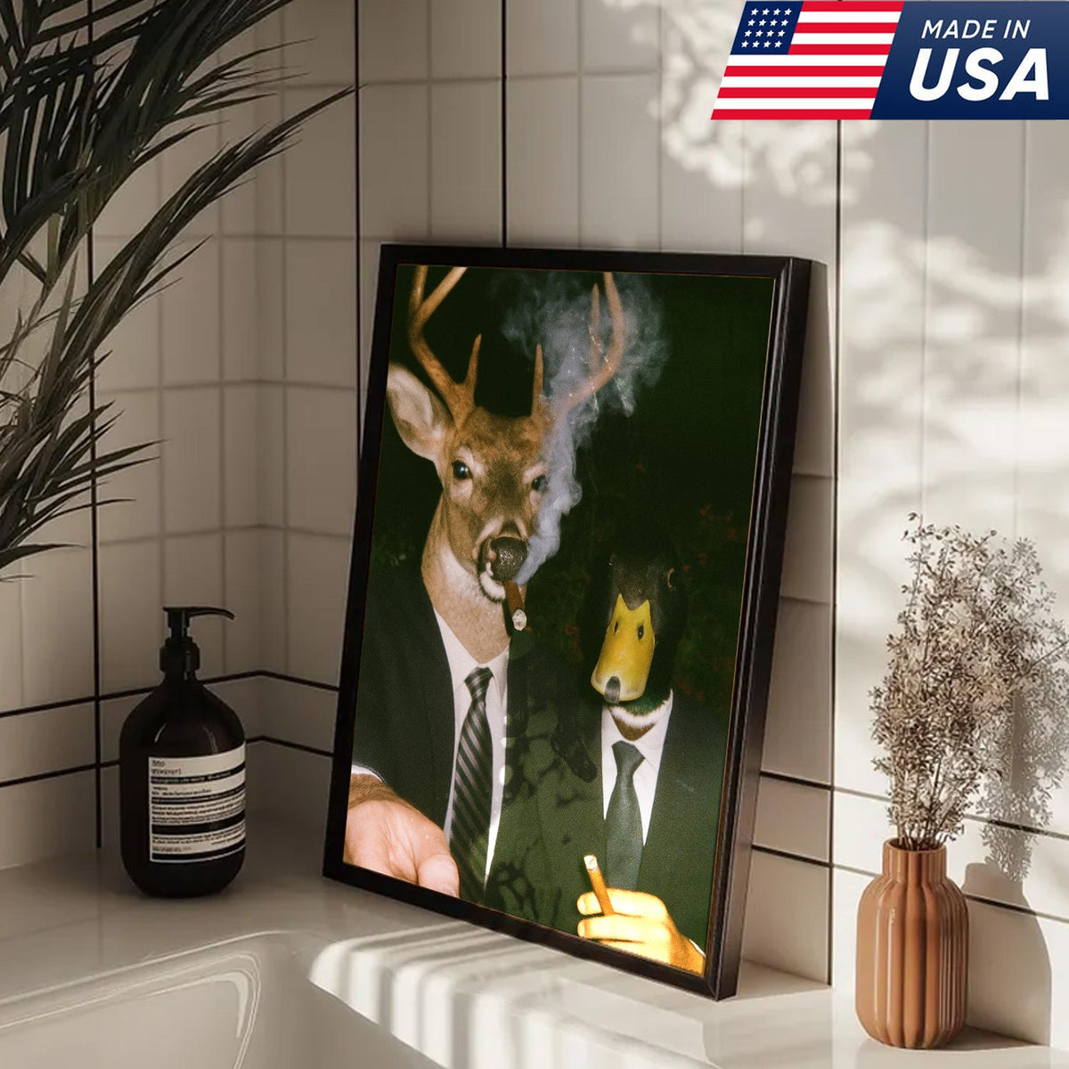 Funny Deer and Duck Canvas Wall Art - Hilarious Animal Duo in Suits