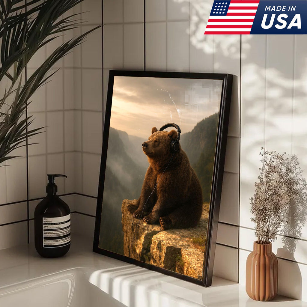 Funny Bear Wall Art, Chill Bear Canvas, Bear with Headphones Art