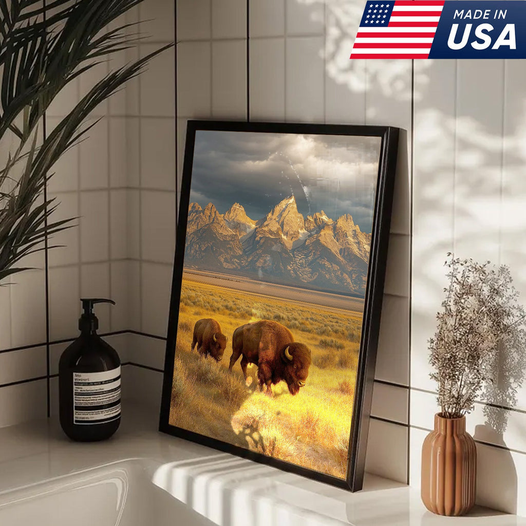 Buffalo Bison Canvas Wall Art, Grand Teton Mountain Landscape Print