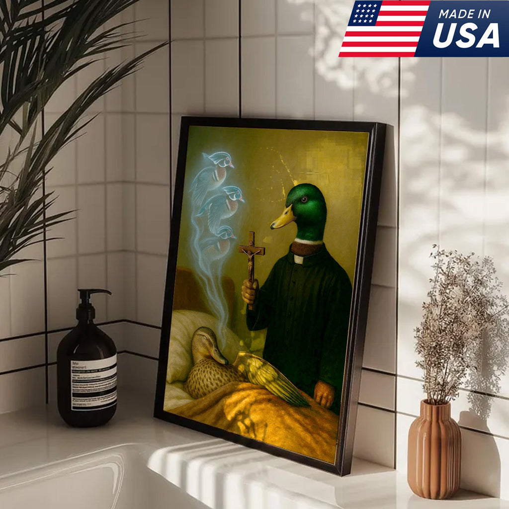Priest Duck Canvas Wall Art, Surreal Animal Artwork, Funny Dark Humor Painting, Unique Gift for Hunters or Art Collectors