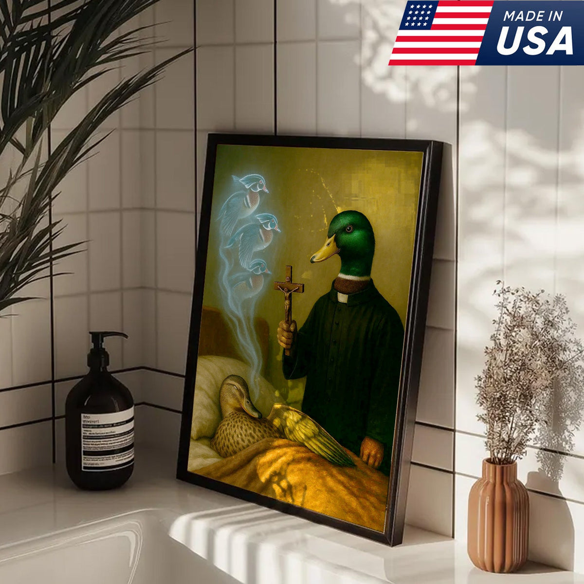Priest Duck Canvas Wall Art, Surreal Animal Artwork, Funny Dark Humor Painting, Unique Gift for Hunters or Art Collectors