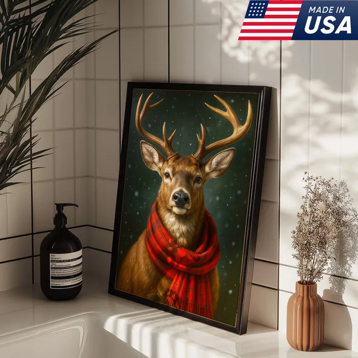 Winter Buck in Red Scarf – Christmas Cabin Wall Art, Rustic Christmas Decor