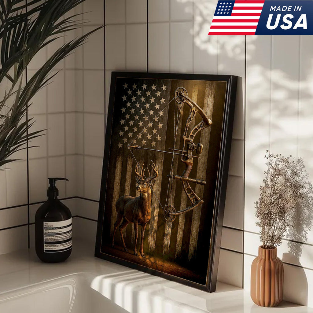 Deer and Bow American Flag Canvas Wall Art — Patriotic Hunting Decor Featuring Buck and Compound Bow