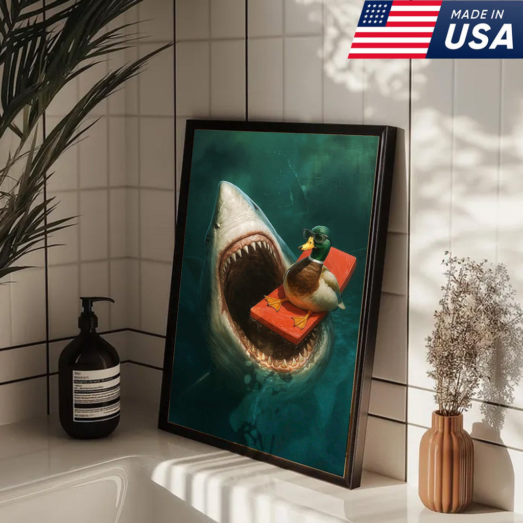 Funny Duck Shark Canvas Wall Art, Fearless Sunglasses Duck Floating Above Shark Jaws Print
