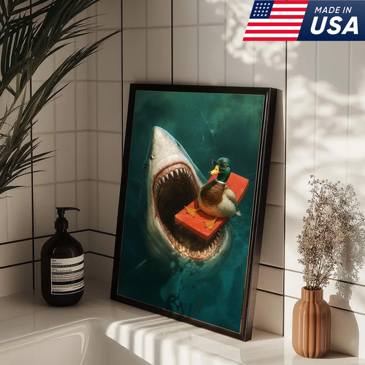 Funny Duck Shark Canvas Wall Art, Fearless Sunglasses Duck Floating Above Shark Jaws Print