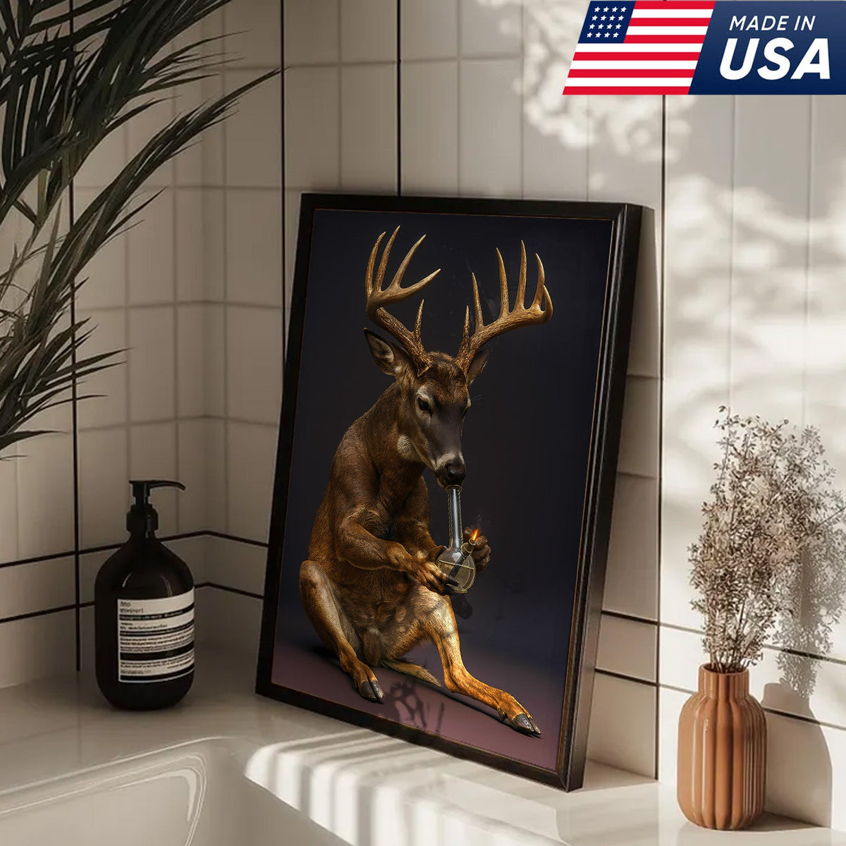 Funny Deer Smoking Canvas, Hilarious Buck Wall Art, Rustic Cabin Decor for Hunters and Humor Lovers