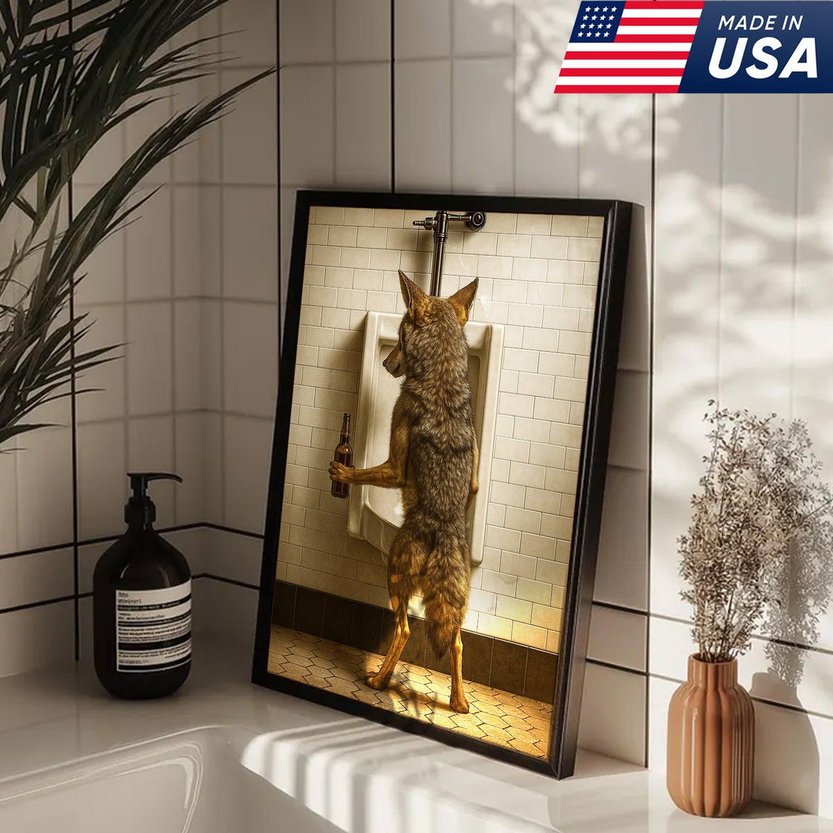 Hilarious Coyote Canvas Wall Art – Funny Bathroom Humor Decor – Rustic Hunting Cabin Gag Gift