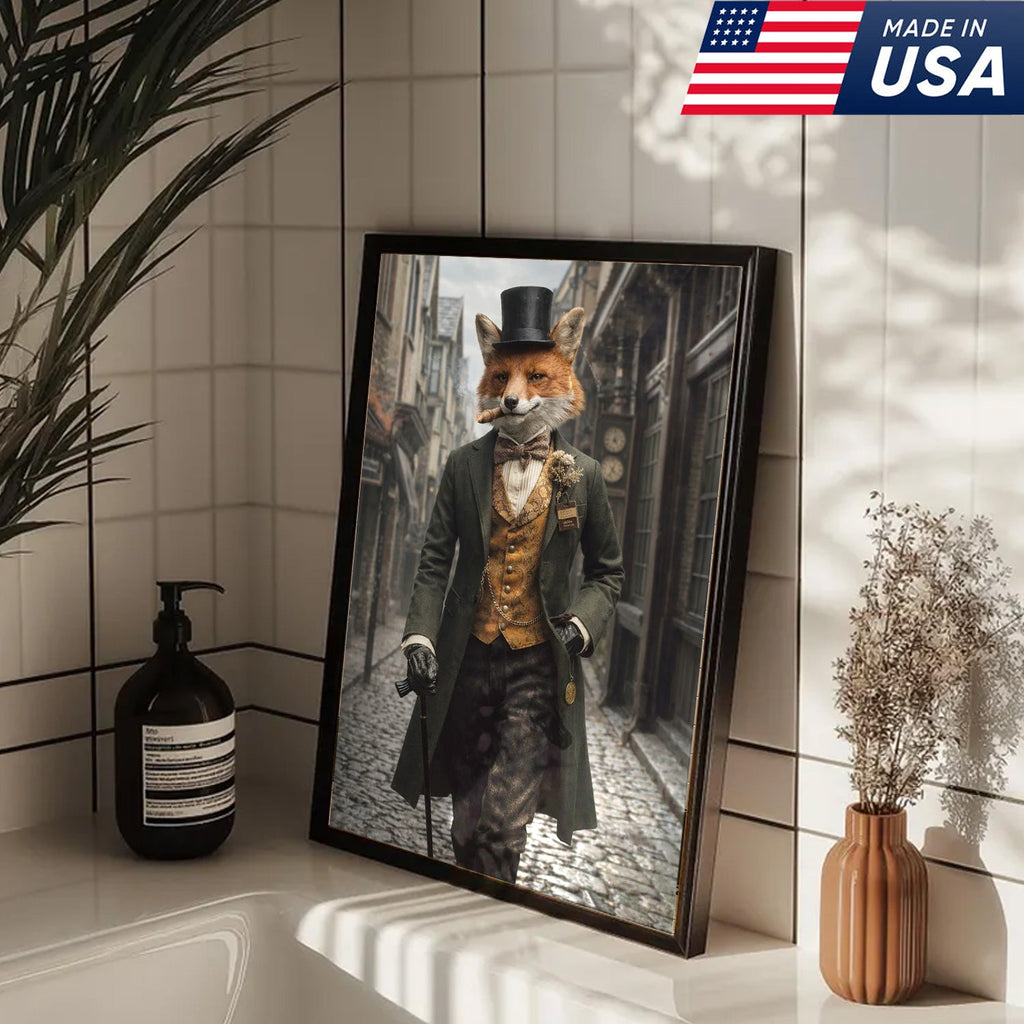 Victorian Gentleman Fox Canvas Wall Art, Elegant Anthropomorphic Fox Illustration