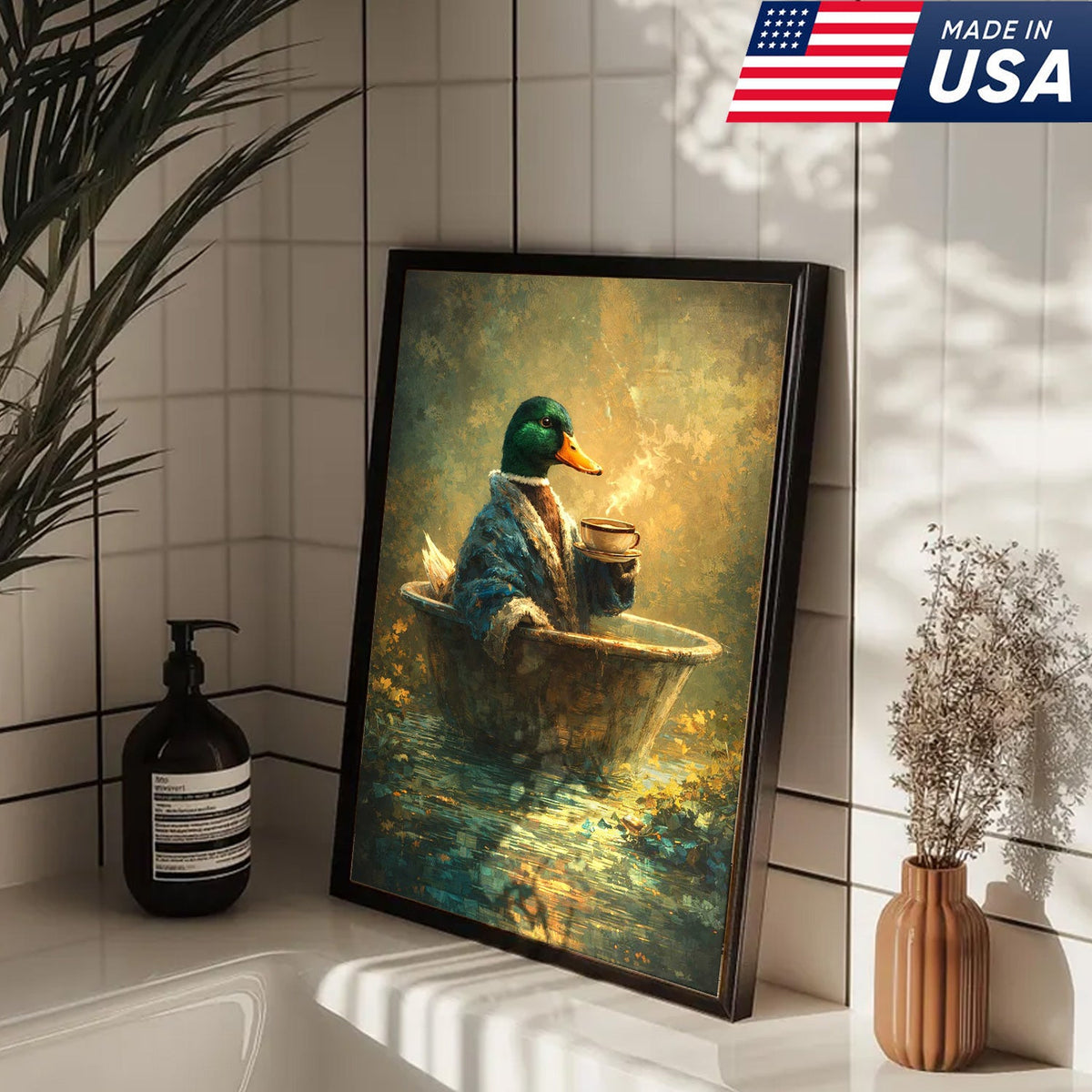 Whimsical Duck Coffee Bath Canvas Wall Art, Cozy Animal Painting