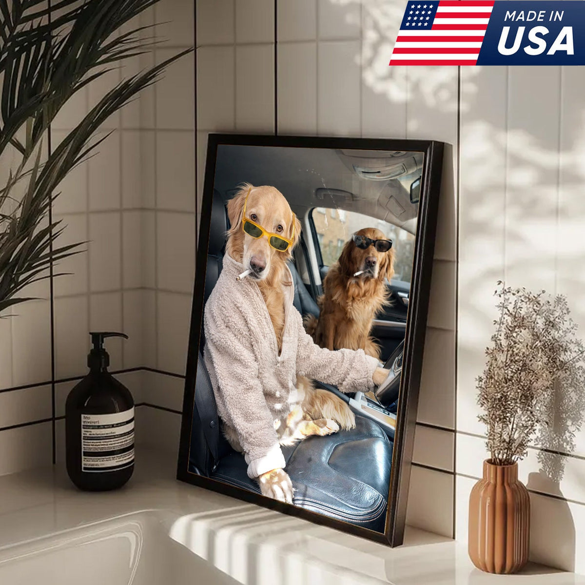 Funny Dog Driving Car Canvas Wall Art, Cool Golden Retriever Duo Portrait