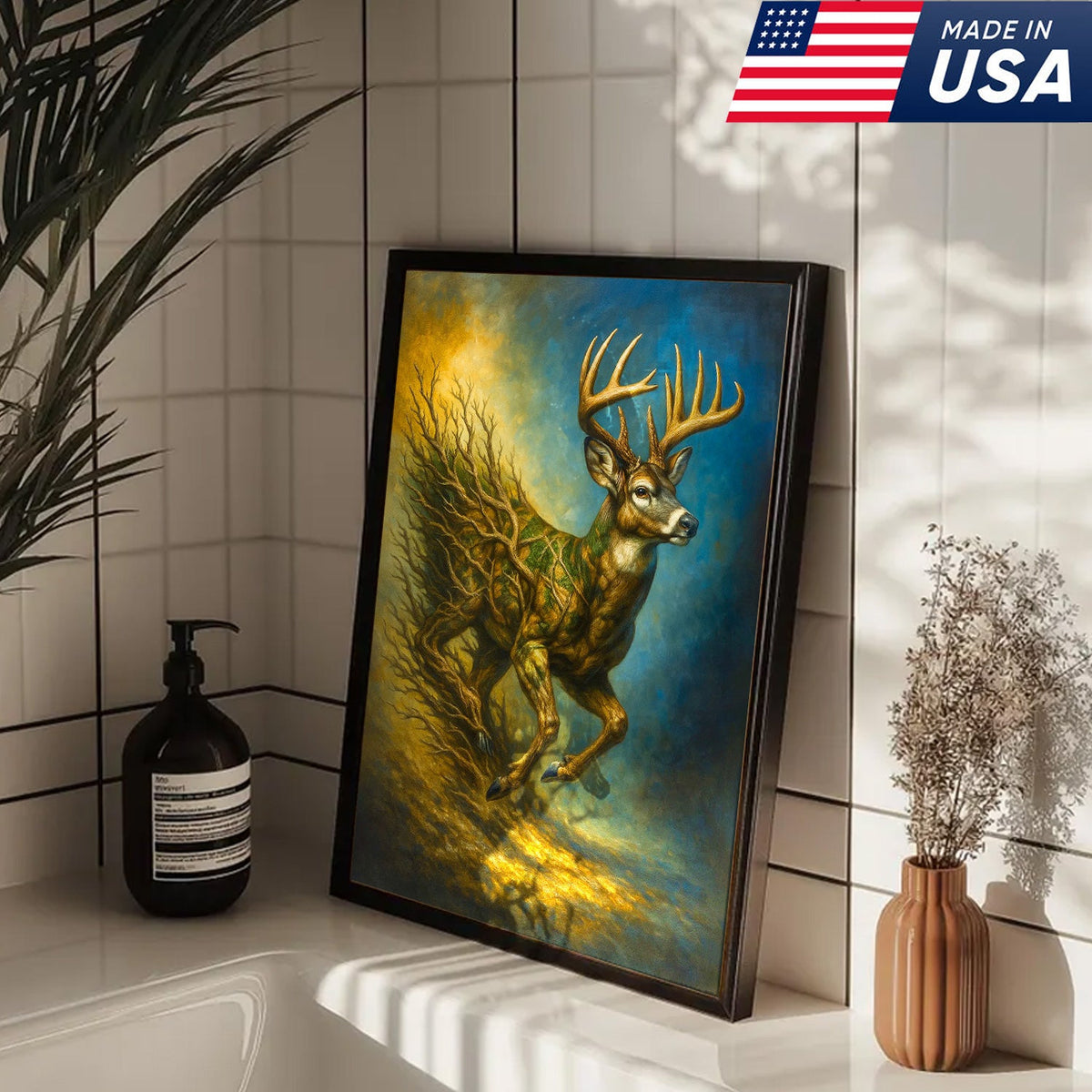Majestic Deer Canvas Wall Art – Surreal Wildlife Nature Scene – Rustic Lodge and Cabin Decor