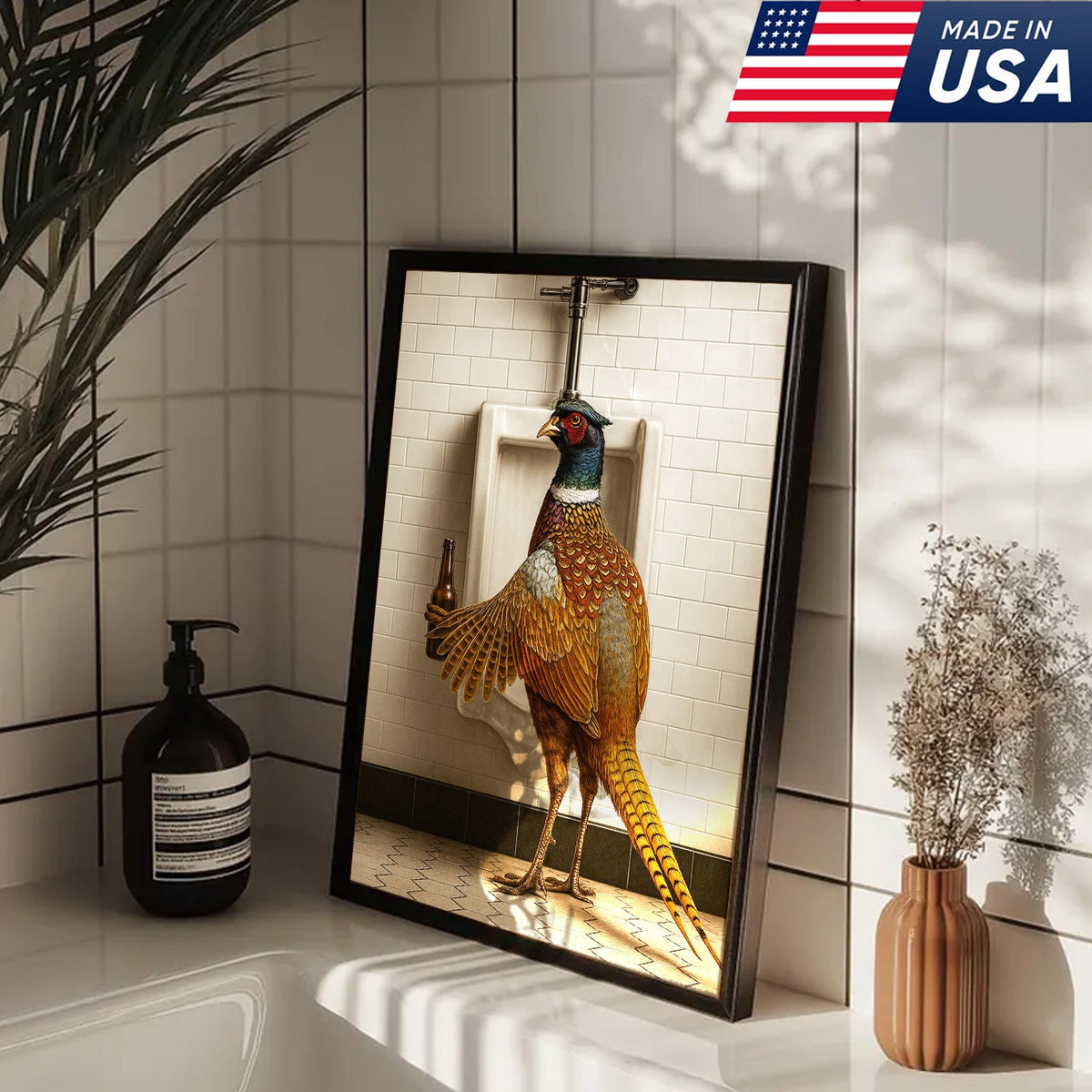Funny Pheasant Canvas Wall Art – Hilarious Bathroom Humor Decor – Rustic Hunting Cabin Gag Gift