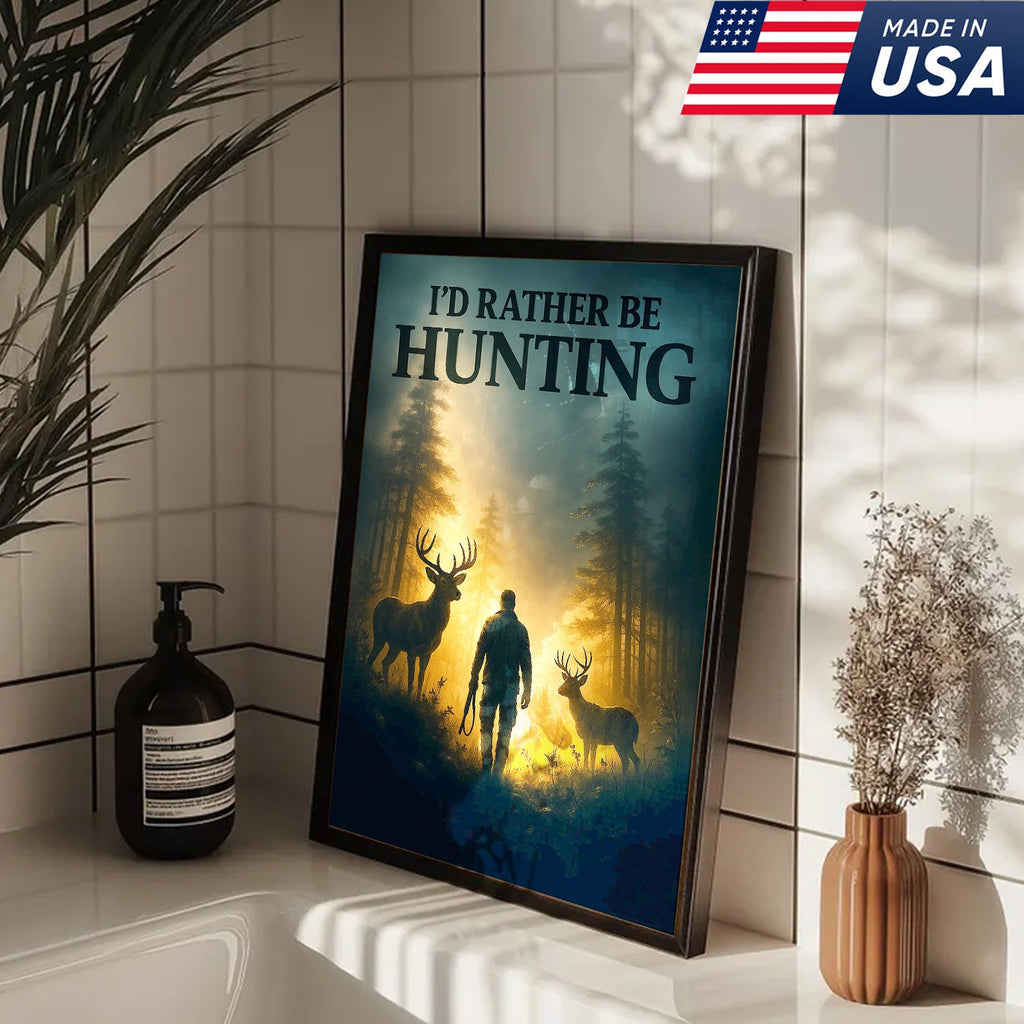 I'd Rather Be Hunting Canvas Wall Art – Rustic Deer and Hunter Scene – Cabin Lodge Outdoor Decor