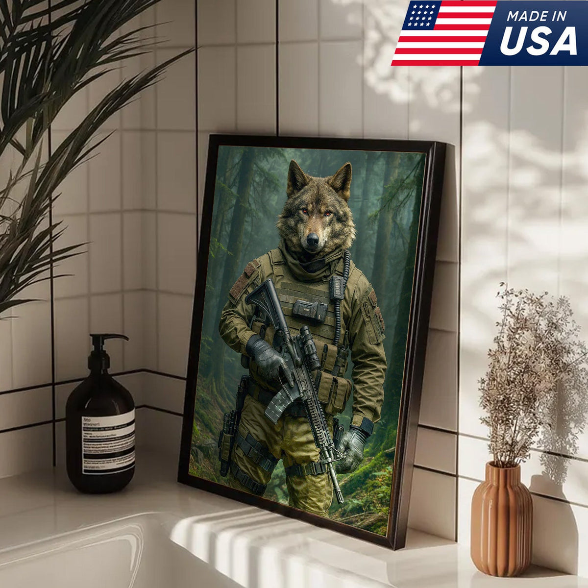 Tactical Wolf Canvas Art – Elite Armored Wolf Warrior in Forest