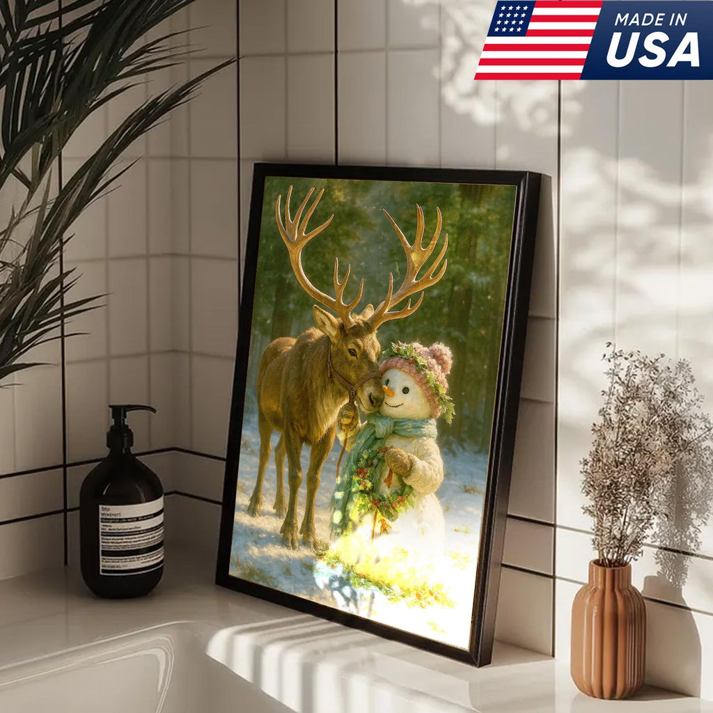 Reindeer and Snowman Friends Christmas Canvas Wall Art, Whimsical Winter Forest Holiday Print