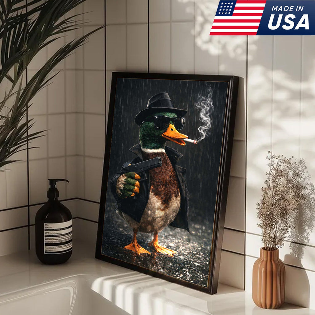 Noir Gangster Duck Canvas Wall Art, Dark Cinematic Animal Illustration