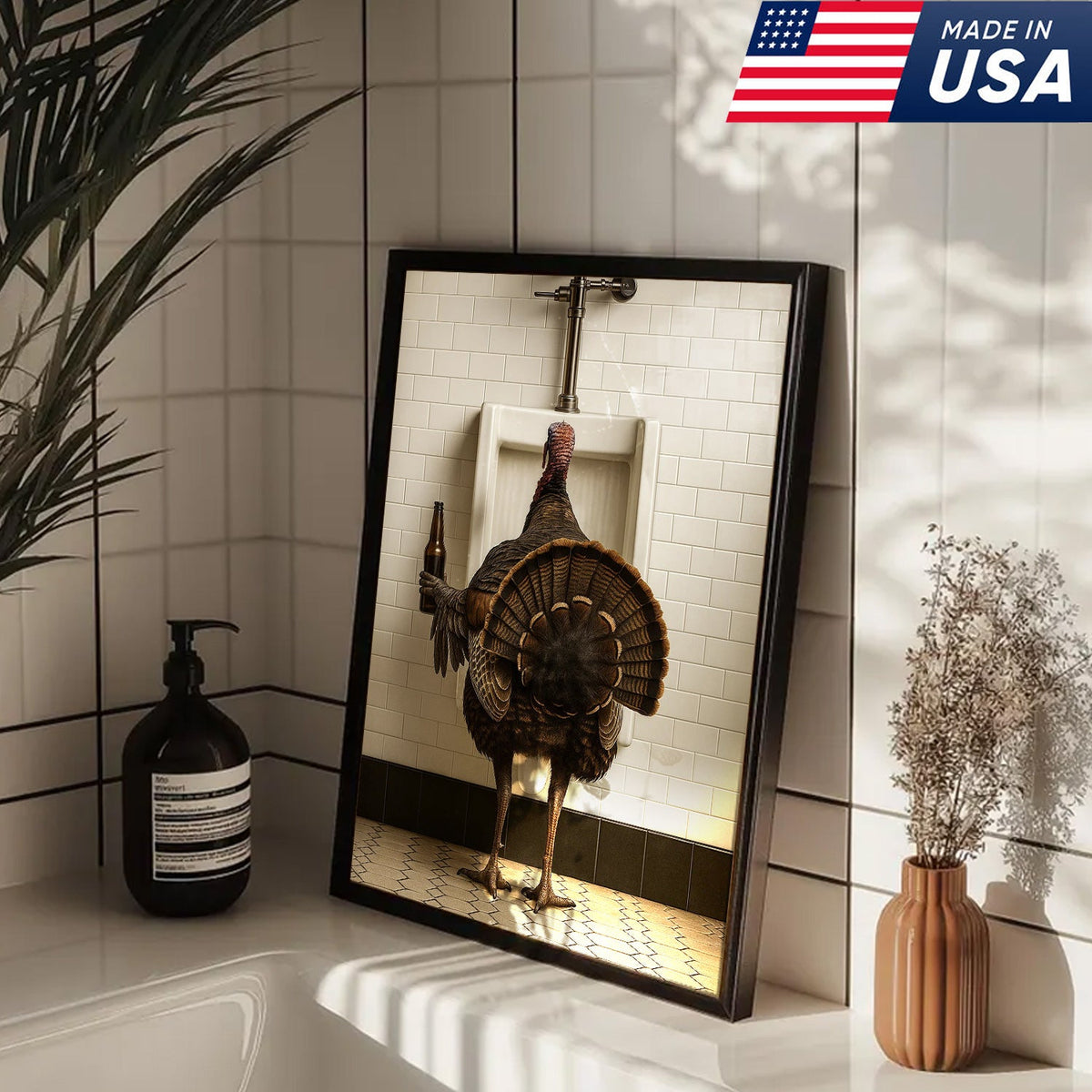 Hilarious Turkey Canvas Wall Art – Funny Bathroom Humor Decor – Rustic Hunting Cabin Gag Gift