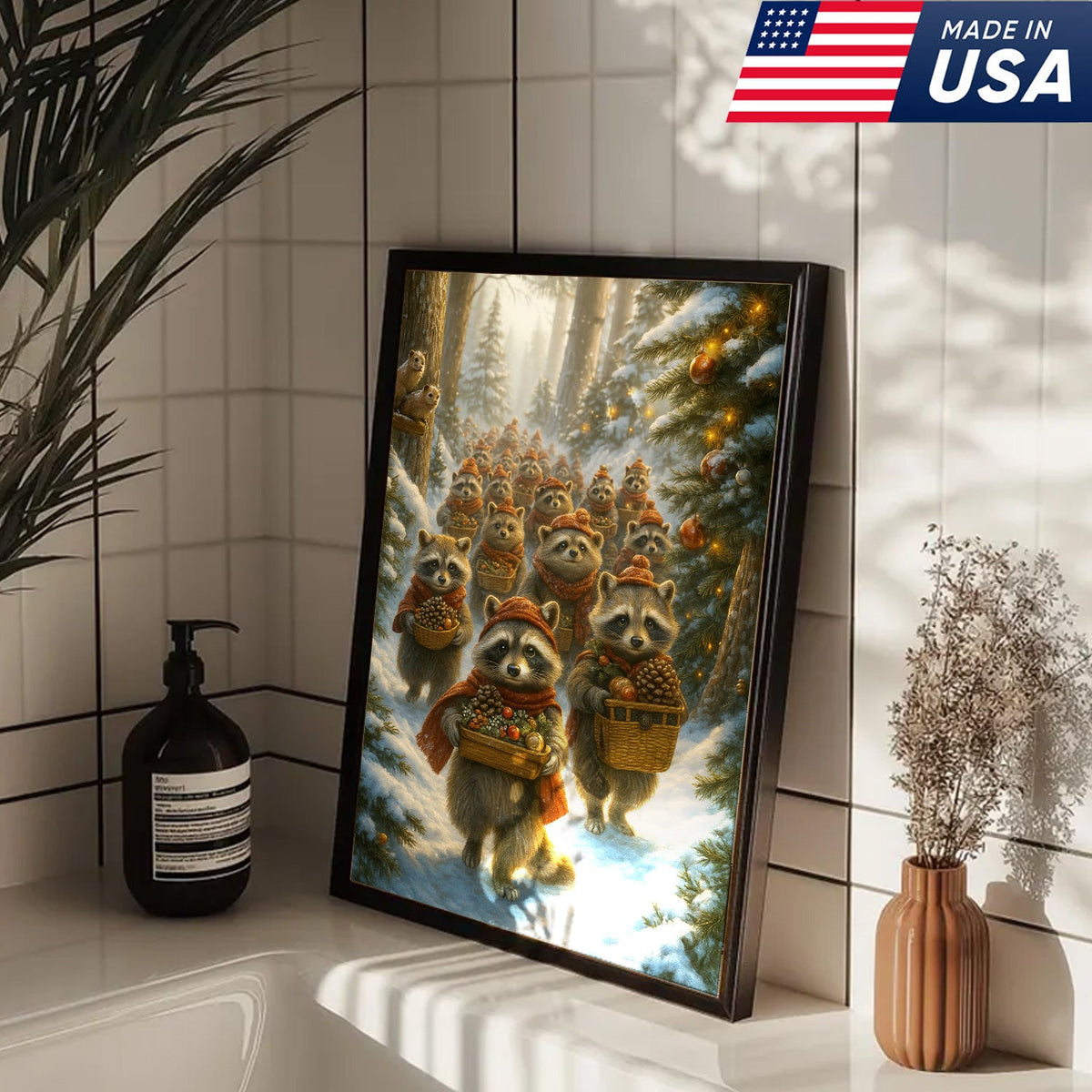 Raccoon Christmas Parade Canvas – Cozy Winter Woodland Wall Art