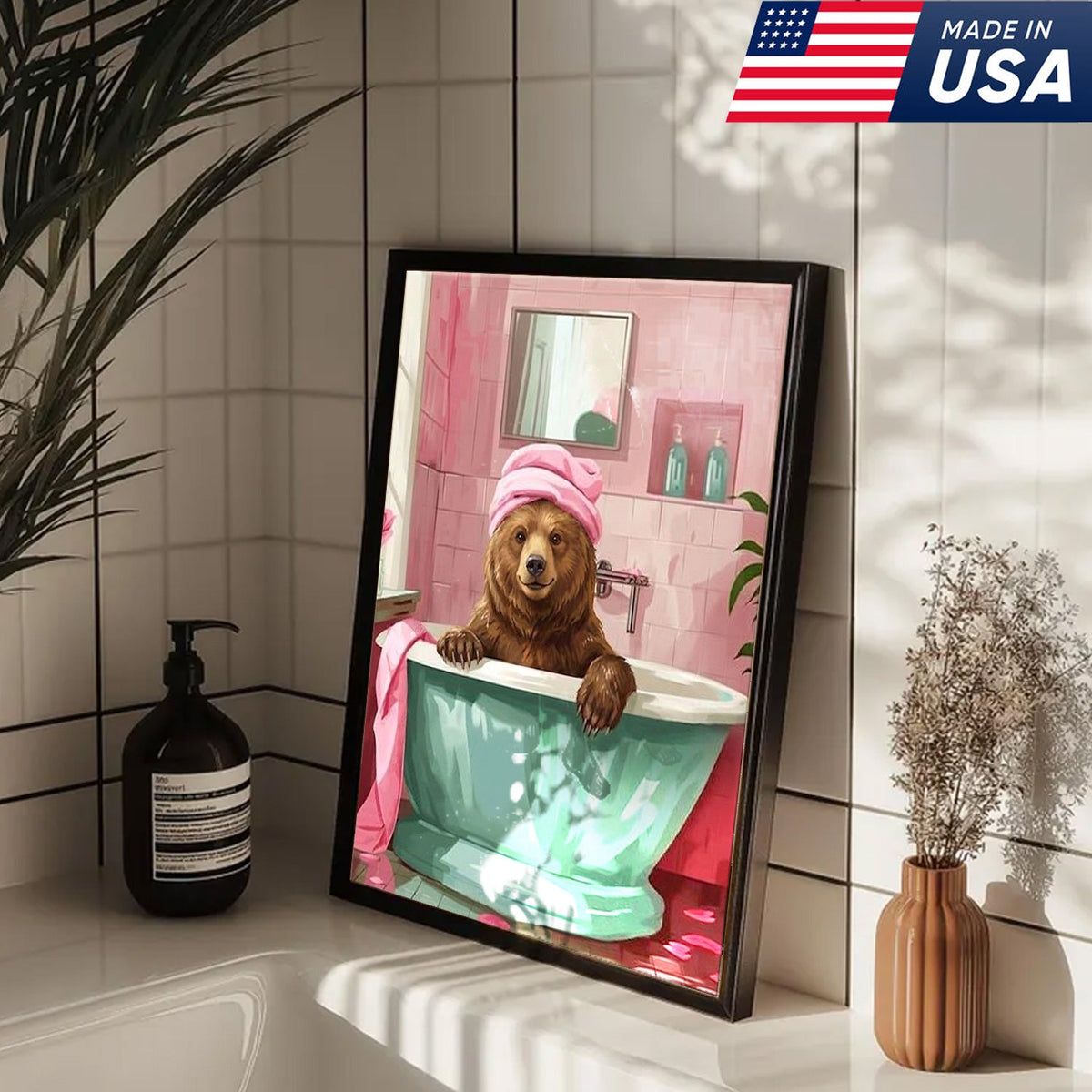 Funny Bear Bathroom Wall Art, Cute Bath Bear Canvas, Pink Bathroom Decor
