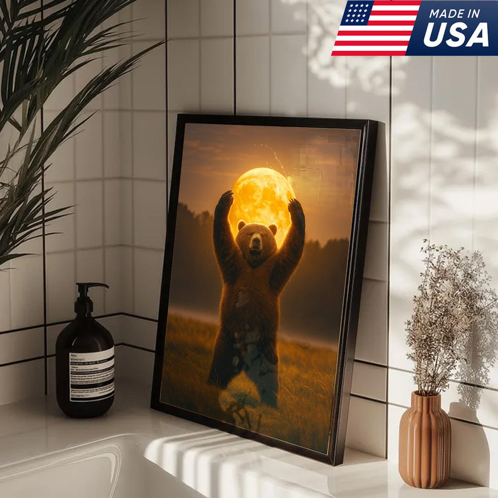 Bear Holding the Full Moon Wall Art Canvas – Mystical Wildlife Decor for Cabin & Nature Lovers