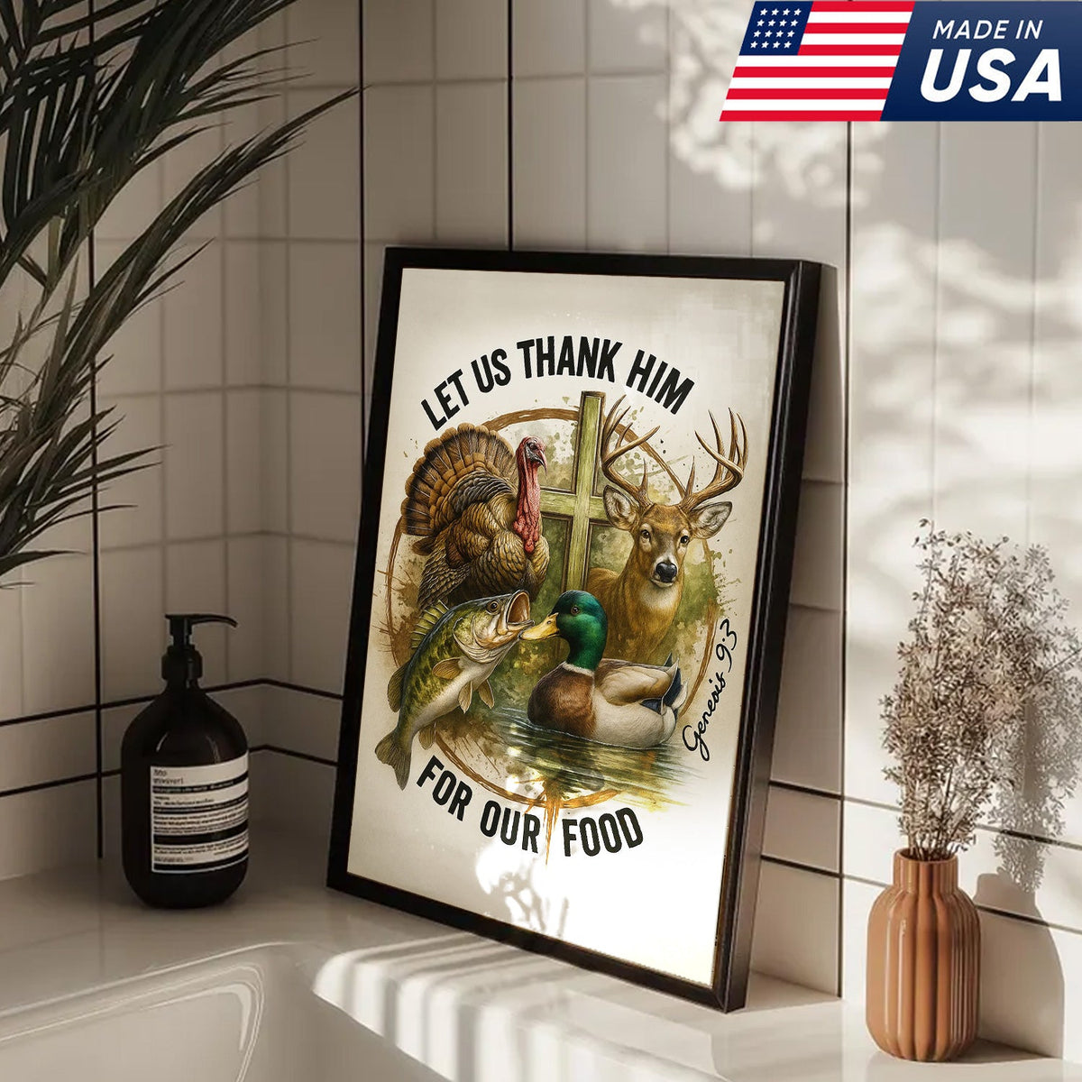 Christian Hunting Canvas Wall Art — “Let Us Thank Him For Our Food” with Deer, Turkey, Duck & Fish