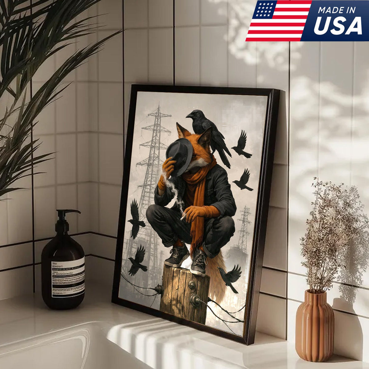 Urban Fox and Raven Canvas Wall Art, Industrial Fantasy Fox Illustration