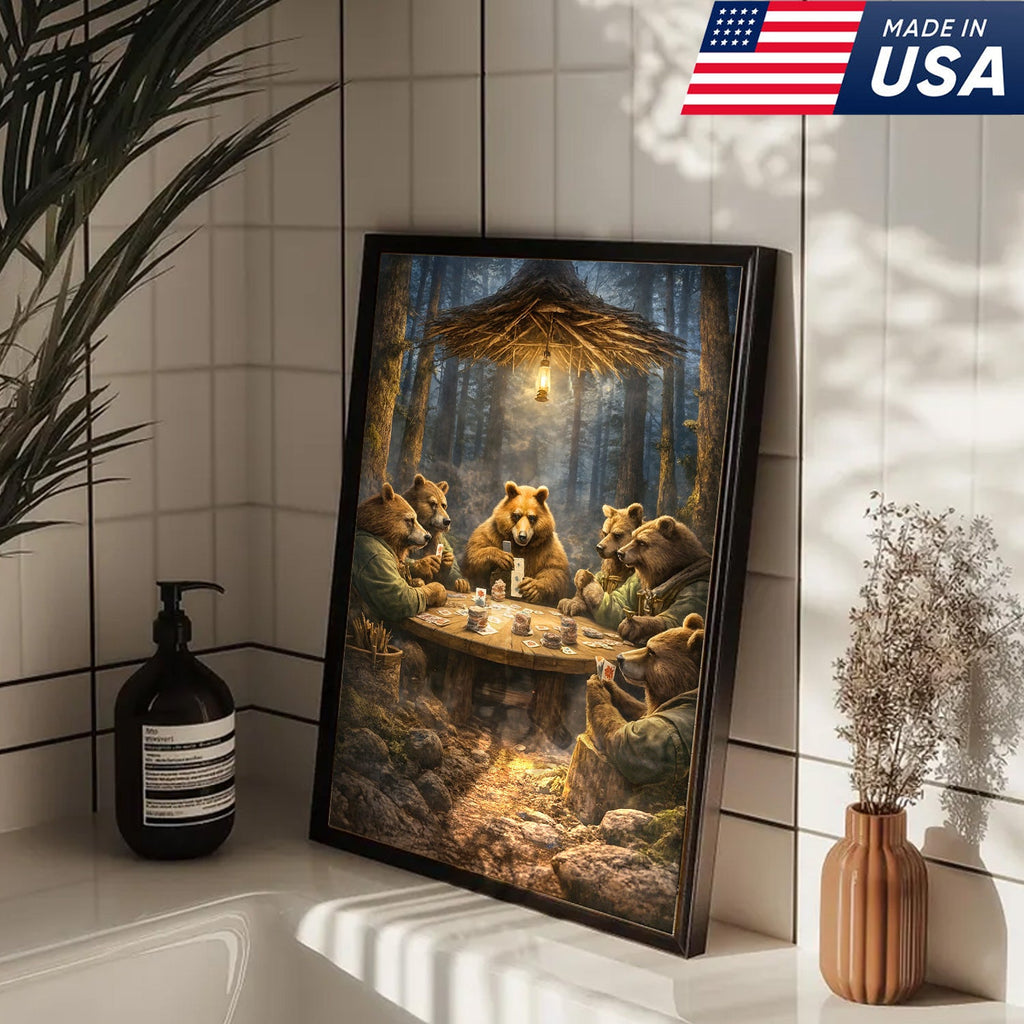 Funny Bear Poker Night Wall Art Canvas – Rustic Forest Animal Card Game Canvas Decor