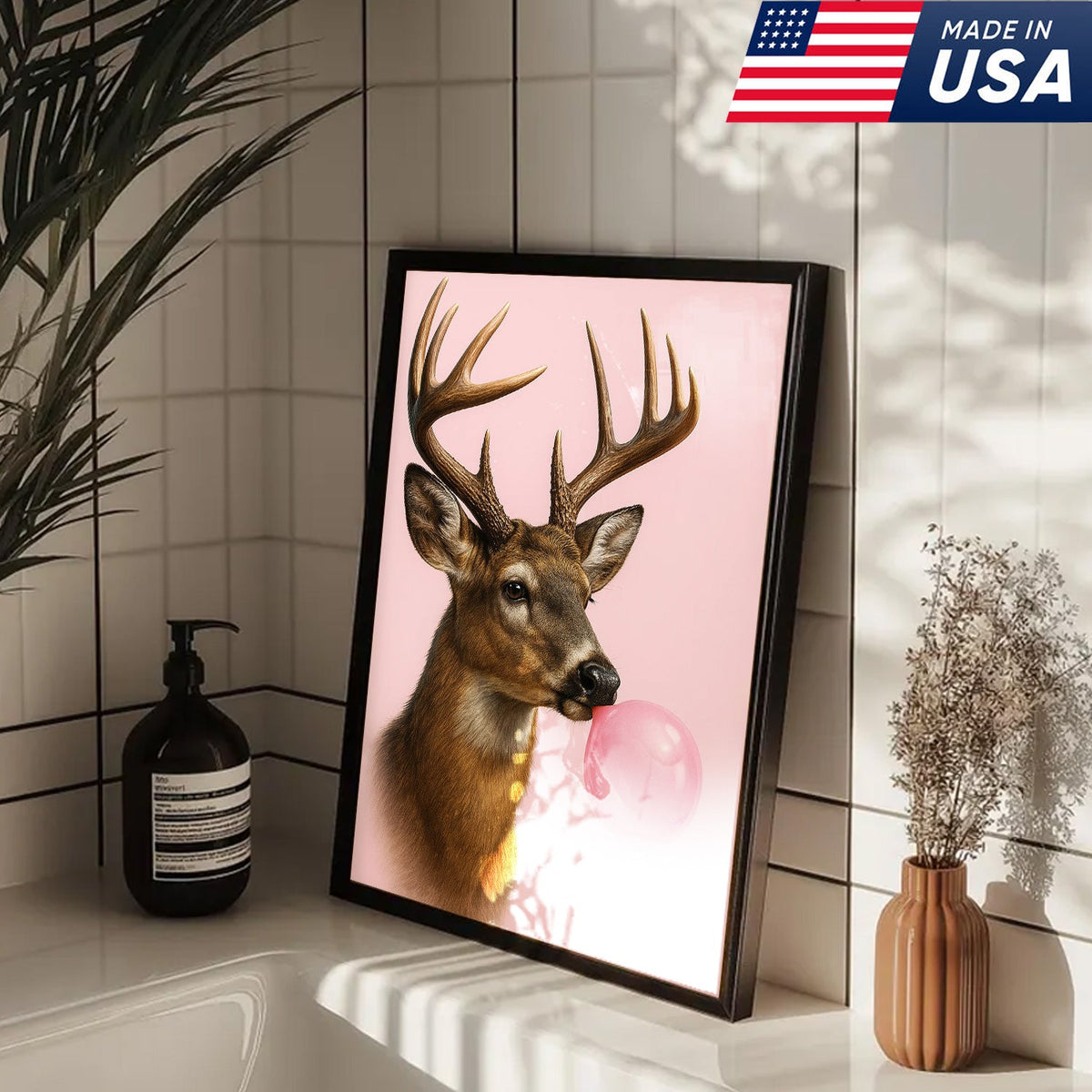 Funny Deer Blowing Bubblegum Wall Art – Modern Animal Canvas Print for Living Room