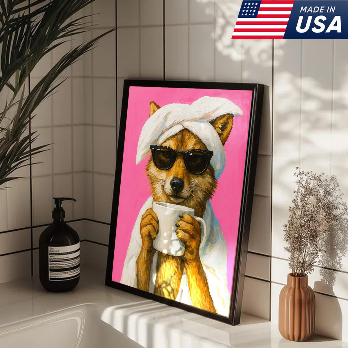 Funny Fox Drinking Coffee Wall Art – Modern Animal Canvas Print for Kitchen