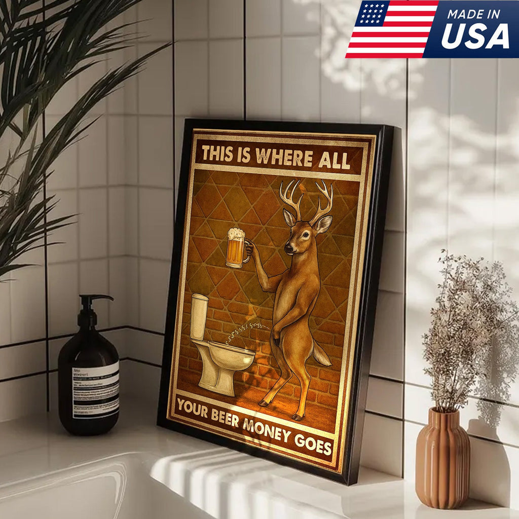 Funny Deer Beer Canvas Wall Art – Rustic Hunting Lodge Bar Decor Gift for Hunters & Beer Lovers