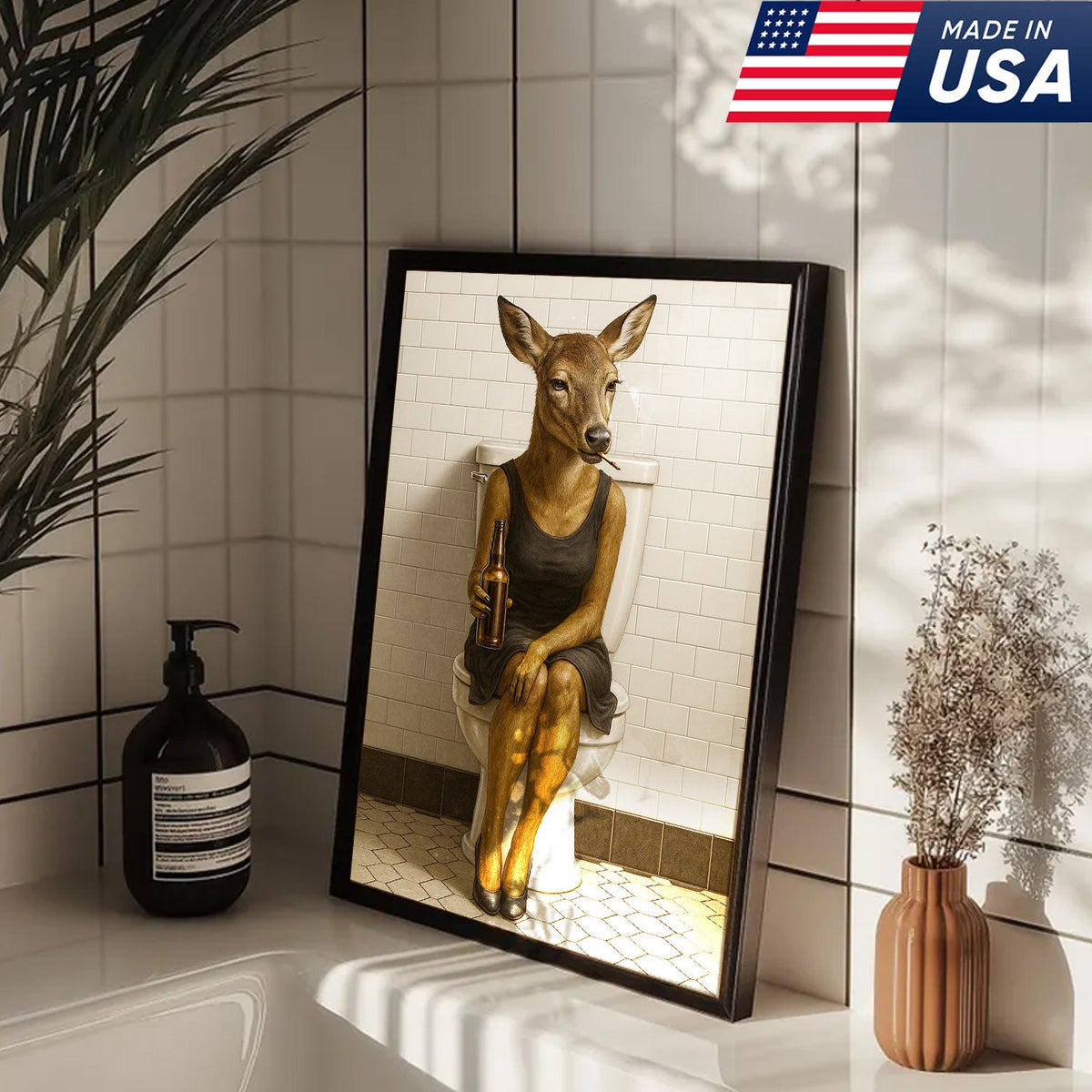 Funny Doe Canvas Wall Art – Hilarious Bathroom Humor Decor – Rustic Cabin Lodge Gag Gift