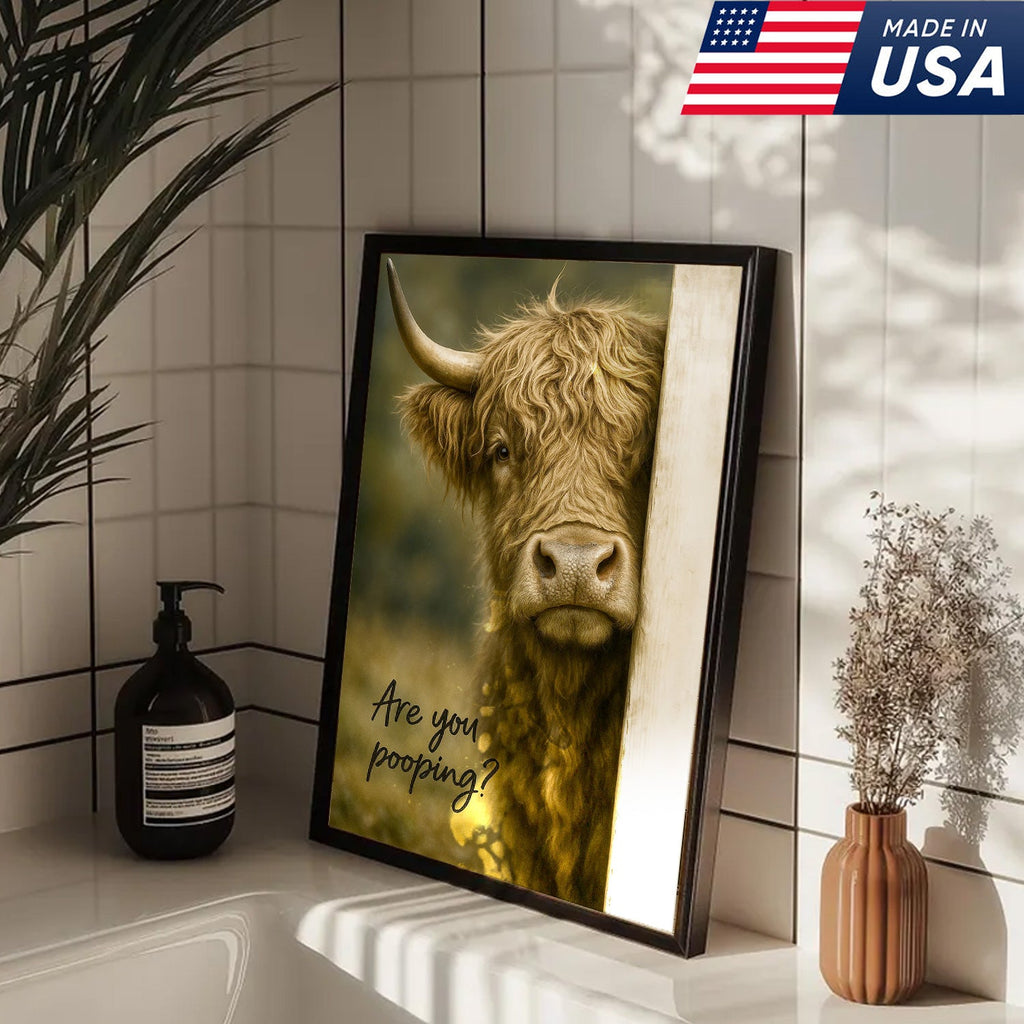 Highland Cow Bathroom Wall Art, Funny “Are You Pooping?” Farmhouse Canvas