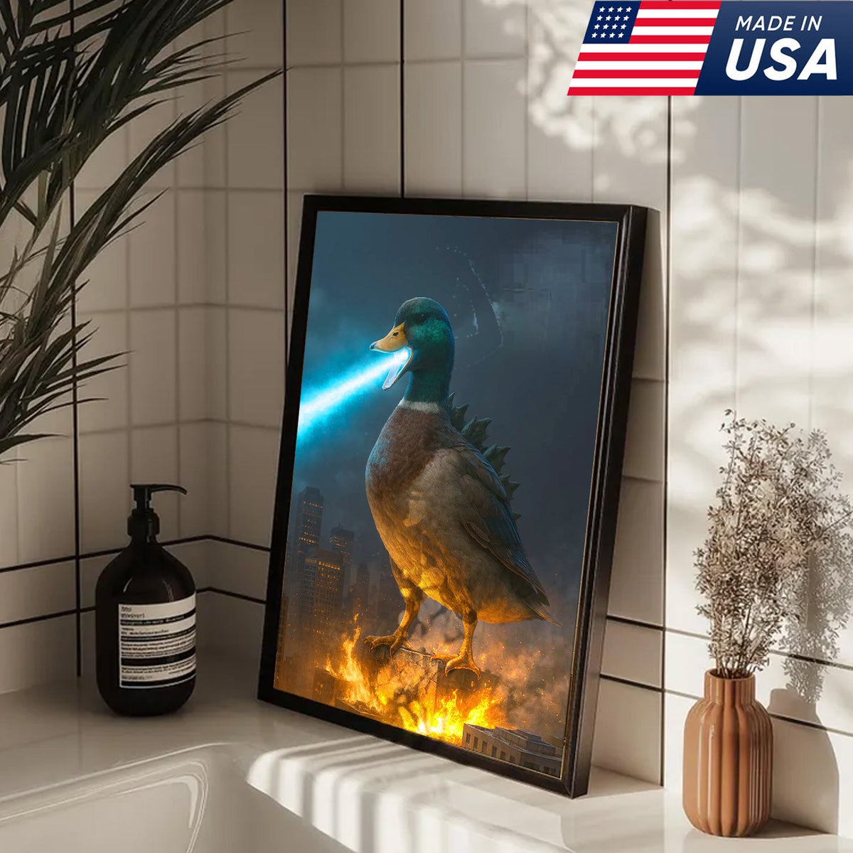 Duckzilla Canvas – Epic Monster Duck Breathing Blue Fire Over City, Funny Kaiju Parody Wall Art