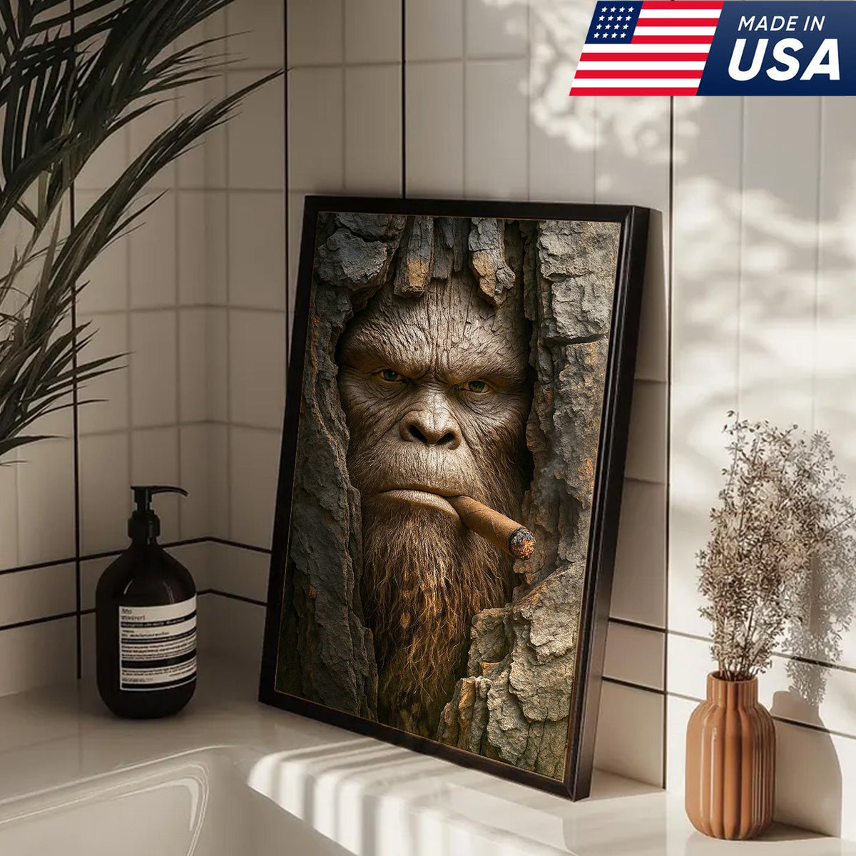 Bigfoot in the Woods Canvas Wall Art, Funny Sasquatch Portrait Artwork, Rustic Cabin Decor for Men