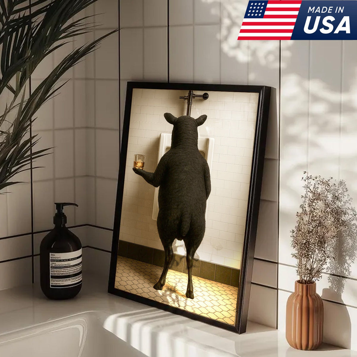 Funny Black Sheep Bathroom Wall Art, Drinking Sheep Humor Canvas Print