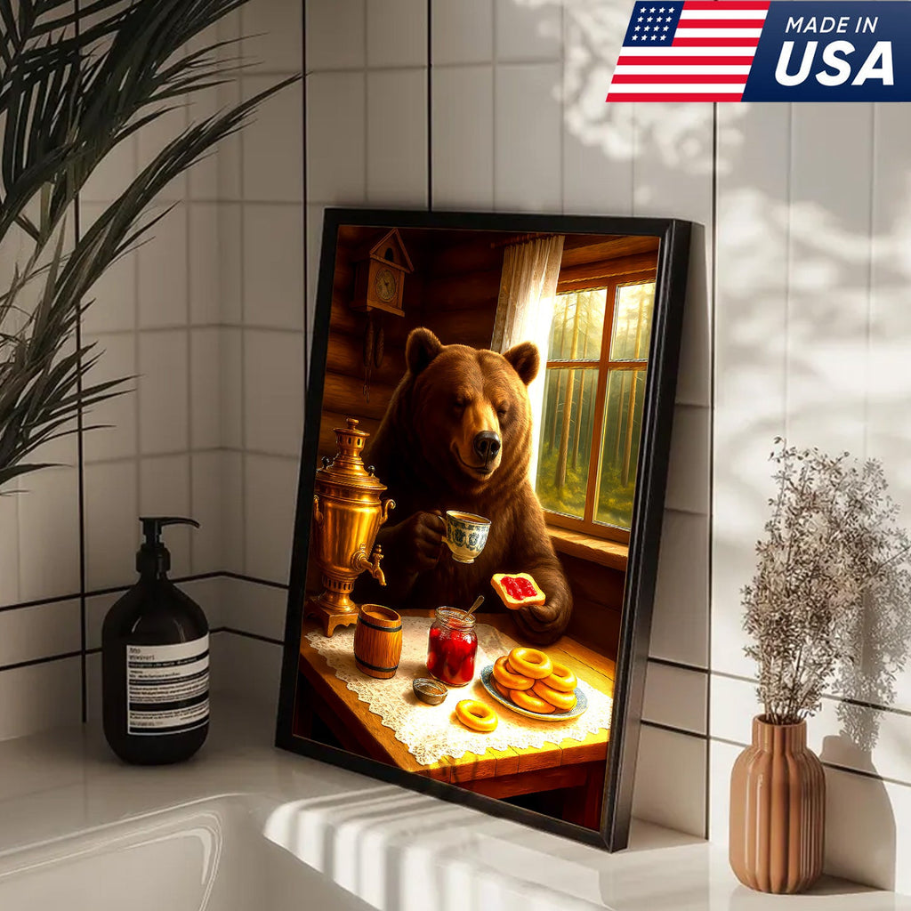 Relaxed Bear Having Tea Canvas Wall Art – Rustic Decor Funny Cozy Animal Canvas Art