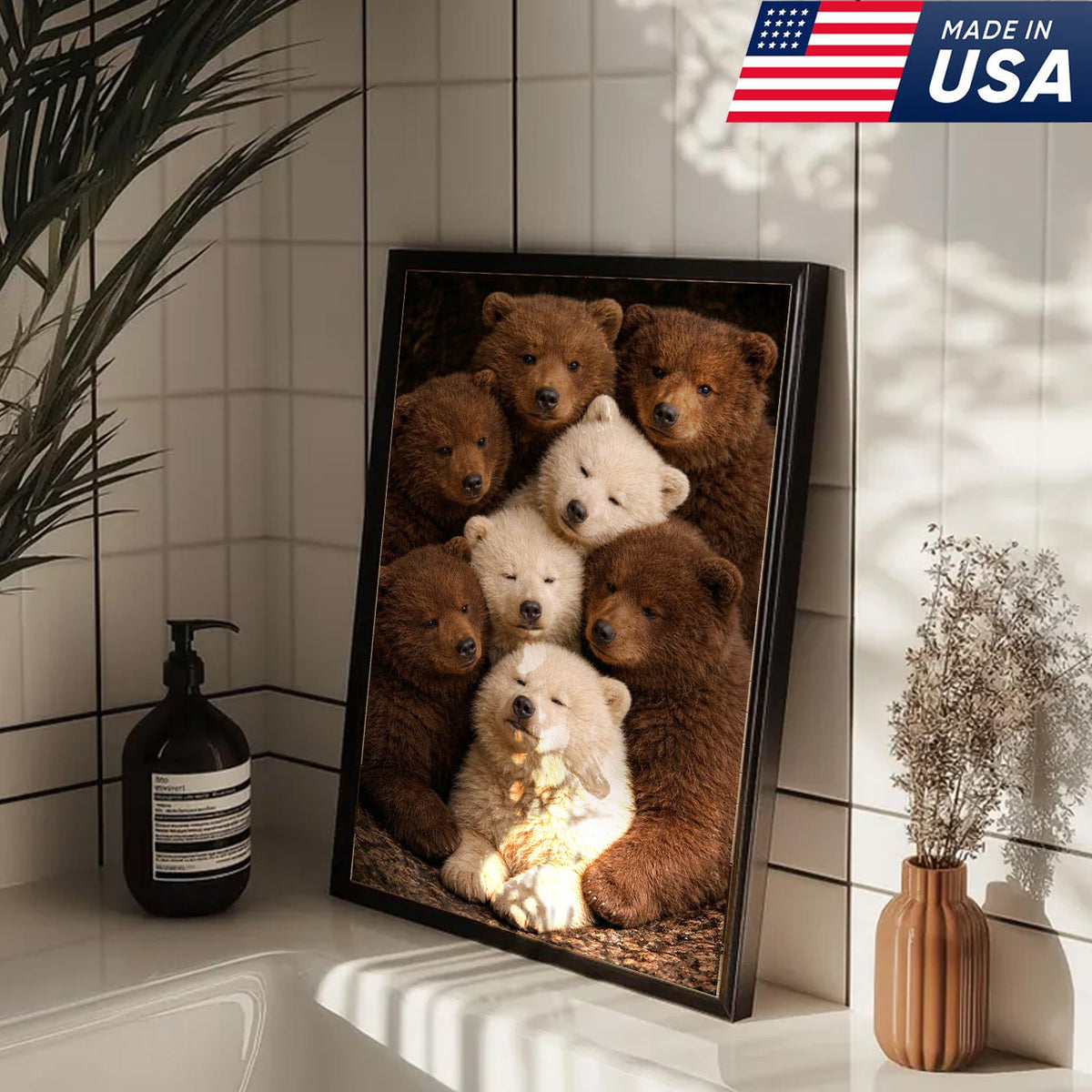 Cute Bear Cubs Canvas Wall Art, Brown and White Bear Family Portrait