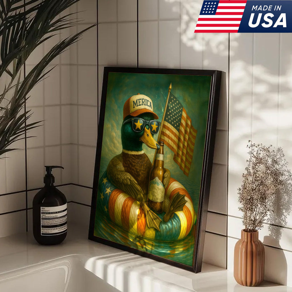 Funny Patriotic Duck Canvas Wall Art – Rustic American Flag Decor Gift for Hunters & Beer Lovers