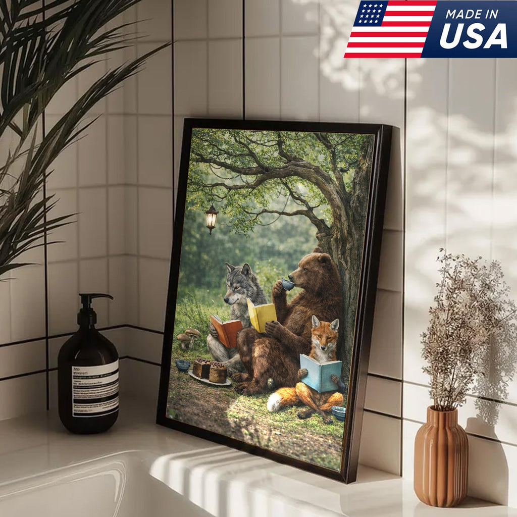 Whimsical Woodland Animals Reading Canvas Wall Art, Bear Wolf Fox Forest Storybook Decor