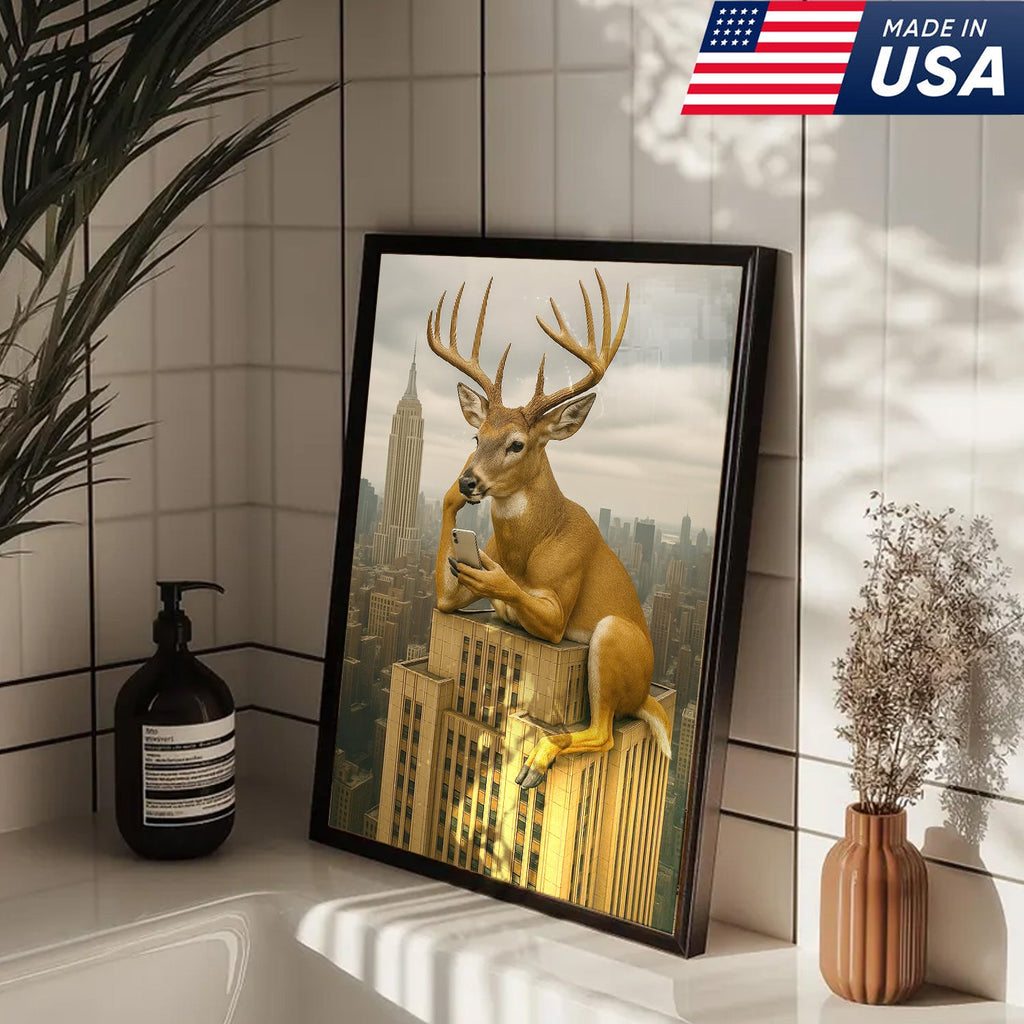 Funny Deer City Canvas Wall Art — Whitetail Buck on Skyscraper Using Phone, Surreal Urban Wildlife Artwork
