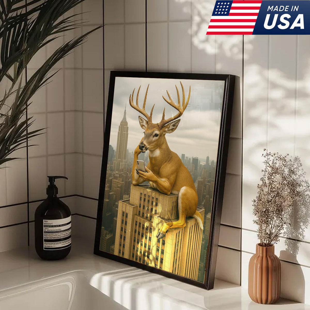 Funny Deer City Canvas Wall Art — Whitetail Buck on Skyscraper Using Phone, Surreal Urban Wildlife Artwork